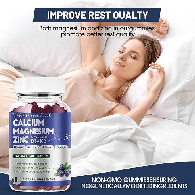 Calcium Magnesium Zinc Gummies with Vitamin D3 & K2 for Bone, Muscle & Immune Support - High Potency Enhanced Absorption - 60 Blueberry Gummies