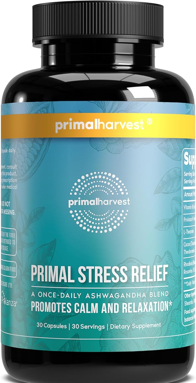 Primal Harvest Stress Relief Supplement for Women and Men Pure Ashwagandha Root Extract, L-Theanine Supplements, 30 Capsules