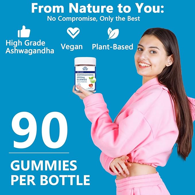 Suiyilary Ashwagandha Gummies 2000mg, Ashwagandha High Strength Root Extract Supplement with Vitamin B12 for Men Women, Strawberry Flavour 45 Days Supply 90 Gummies