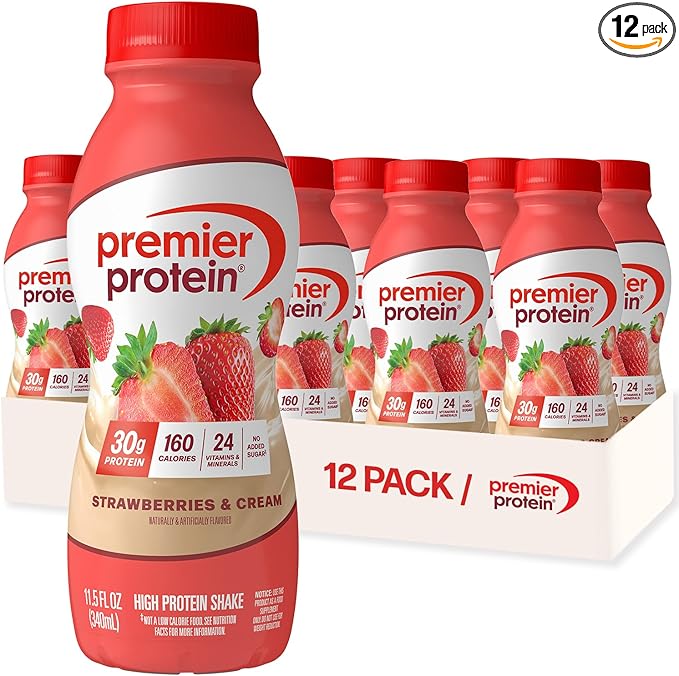 Premier Protein Shake, Strawberries & Cream, 30g Protein, No Added Sugar, 24 Vitamins & Minerals to Support Immune Health, 11.5 fl oz, 12 Pack (Packaging May Vary)