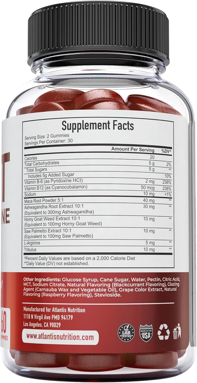 Atlantis Nutrition Testosterone Booster Gummies for Men - Enhances Strength & Stamina - Optimizes Performance & Male Enhancement - Tribulus, Goat Weed Extract, Maca Root Extract | 60 Gummies