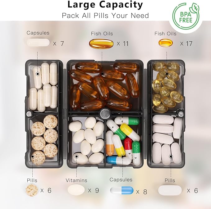 FYY Daily Pill Organizer,2 Pcs 7 Compartments Portable Pill Case Travel Pill Organizer,[Folding Design] Pill Box for Purse Pocket to Hold Vitamins,Cod Liver Oil,Supplements and Medication-Clear Black