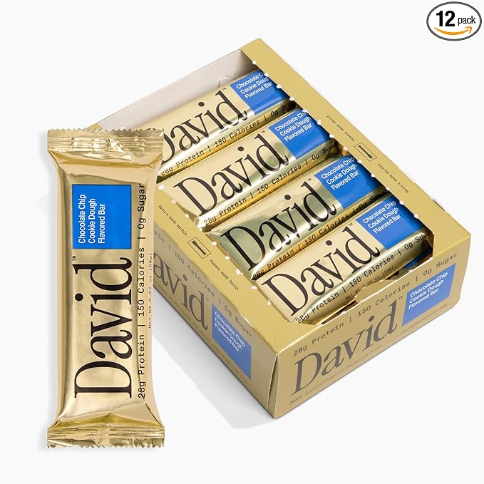 David High Protein Bars - 0g of Sugar, Low Carb, Gluten Free - 28g of Protein, 150 Calories - On-The-Go Snack - Chocolate Chip Cookie Dough Flavor, Pack of 12