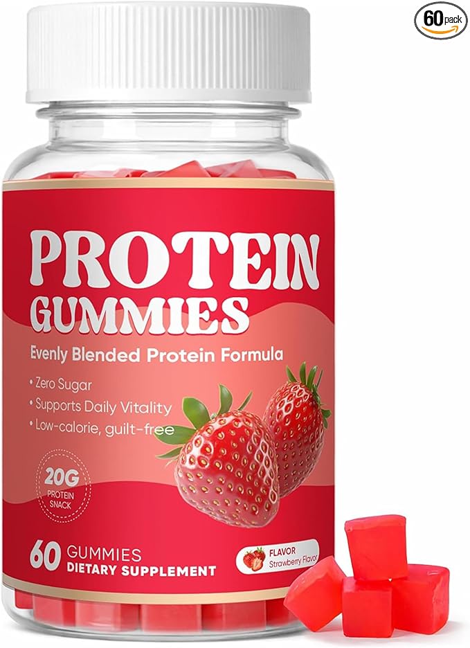 Protein Gummies, 144g Protein Per Bottle, Zero Sugar, Supports Daily Vitality, Low-Calorie, Guilt-Free, Strawberry Flavor, 60 Gummies