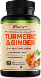 Nature's Base Turmeric and Ginger Supplement - with Curcumin, Apple Cider Vinegar & BioPerine Black Pepper Extract - 95% Curcuminoids - 60 Capsules