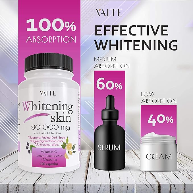 VAITE Glutathione Whitening Pills - Dark Spots & Acne Scar Remover - 90000mg - Vegan Skin Bleaching Pills with Anti-Aging & Antioxidant Effect - 120 Capsules (3 Pack)