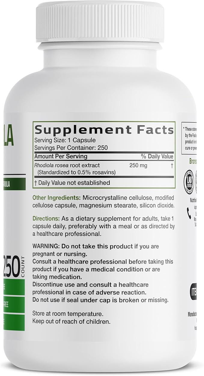 Bronson Rhodiola Rosea Vegetarian Capsules - Adaptogenic Herb - Brain, Stress & Mood Support - Non-GMO, 250 Count