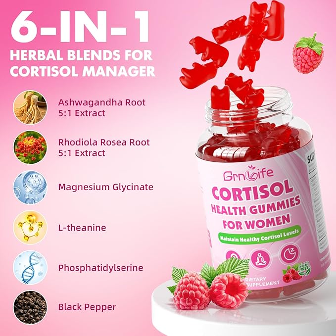 Cortisol Gummies for Women, Cortisol Supplements Gummies with Magnesium Ashwagandha Rhodiola Rosea and L-theanine Complex for Relaxation and Focus, Zzz Support, Raspberry Flavor, 60 Count