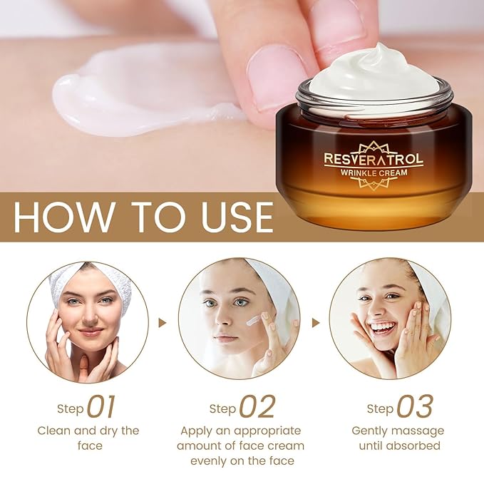 Resveratrol Wrinkle Cream, Anti Aging Face Cream for Women, Promote Firmer Skin & More Even Skin Tone, Lightweight Hydrating Facial Moisturizer, Improves Skin Elasticity, Repairs Damage, 50g/e1.764oz
