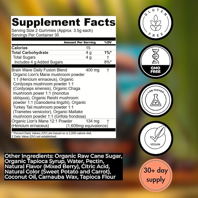 Superfood Mushroom Gummies | Delicious Daily Multi Lions Mane Mushroom Gummy Supplement 2,008 mg | Reishi Mushroom + Cordyceps + Turkey Tail + Chaga + Maitake | Mushroom Gummies for Focus and Energy