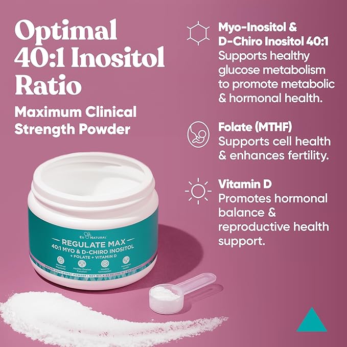 Eu Natural Regulate MAX Myo-Inositol & D-Chiro Inositol Supplement Powder for Women with Vitamin D & Folate Nutritional Support, Hormone Balance & Fertility Support, Unflavored 60 Servings