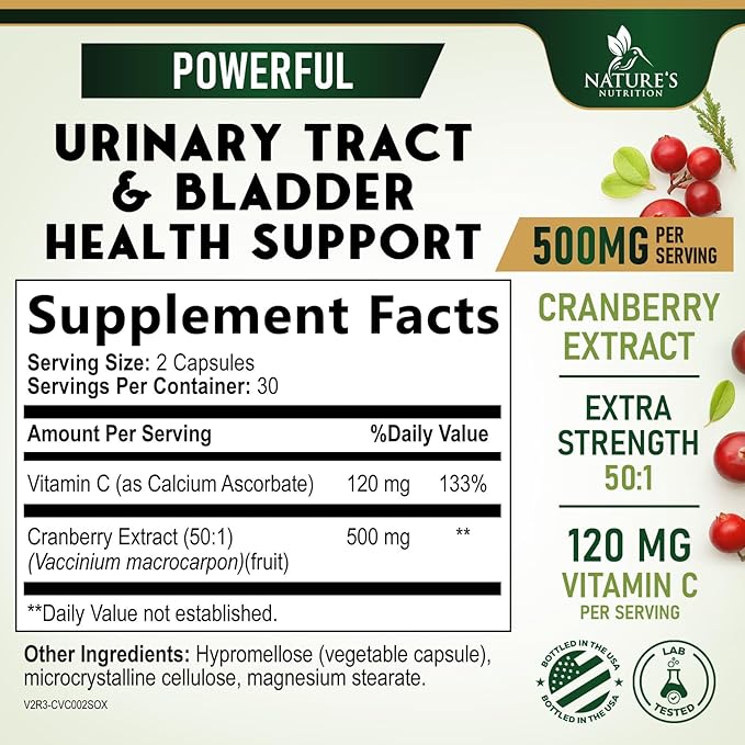 Cranberry Supplement Pills - 500mg Cranberry Extract & High Potency Vitamin C Per Serving - Urinary Tract Health Support for Women & Men - Vegan, Gluten Free, Non-GMO, Made in USA - 60 Capsules