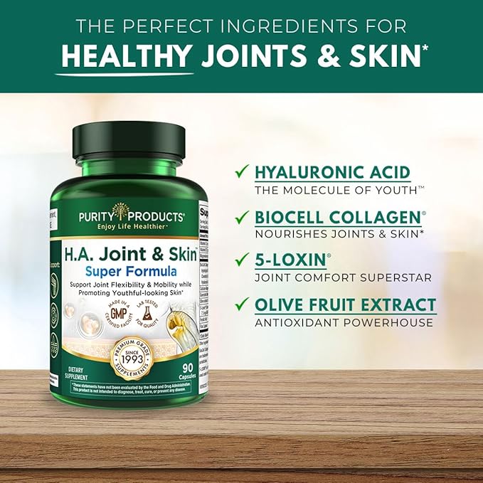 Purity Products H.A. Joint and Skin Super Formula Biocell Collagen w/Hyaluronic Acid Supports Healthy Joint Flexibility, Healthy Synovial Fluid, and Lubrication - 5-Loxin - 90 Capsules (1)