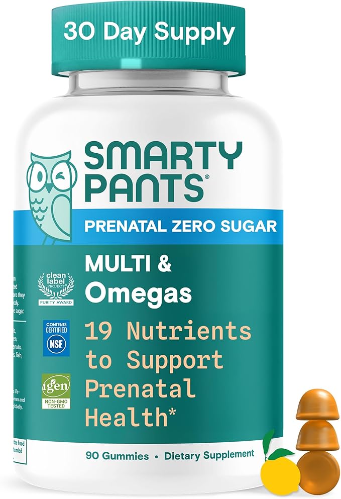 SmartyPants Zero Sugar Prenatal Multivitamin Gummies: Choline, Methylfolate, Omega 3 (ALA), Vitamin D3, C, Vitamin B12, B6, A, K, Zinc, Biotin, Gluten Free, No Sugar Alcohols, 90 Count (30 Day Supply)