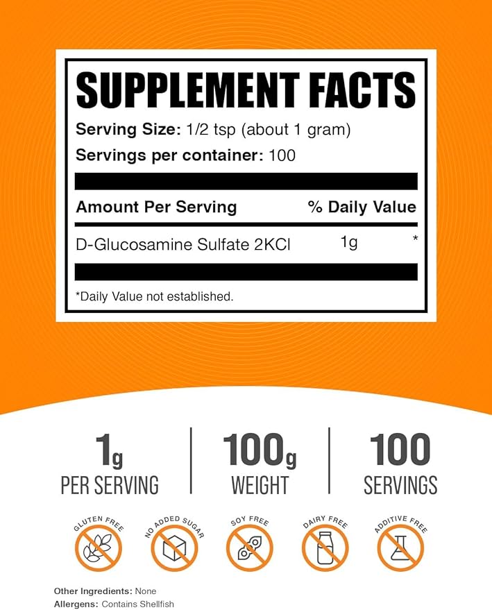 BulkSupplements.com Glucosamine Sulfate Powder - Glucosamine Supplement, Joint Support Supplement - Gluten Free, 1g per Serving, 100g (3.5 oz) (Pack of 1)