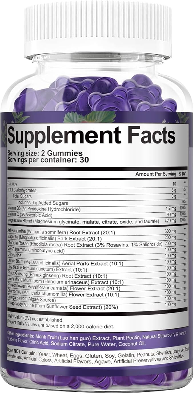 2 Bottles Cortisol Supplements for Women & Men 20-in-1 Cortisol Gummies with Ashwagandha Rhodiola Rosea Magnesium Phosphatidylserine Calm Focus Mood Support Healthy Cortisol Levels 30 Day Supply