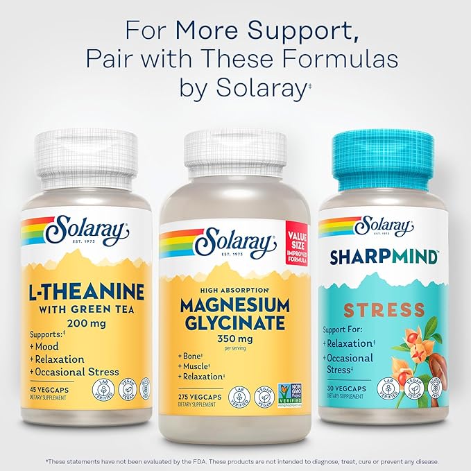 SOLARAY L-Theanine 200mg with Green Tea - Healthy Mood, Relaxation and Occasional Stress Support - Lab Verified, Vegan, Gluten Free - 45 Servings, 45 VegCaps