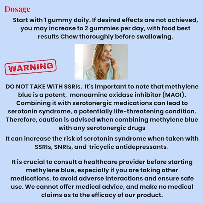 Methylene Blue Gummies 12mg Made in USA Cognitive Support w/Added Vitamin C, NAD,L Methylfolate, Methylcobalamin b12, Mitochondrial Support, Brain Health & Focus, Clarity, methylated Vitamins