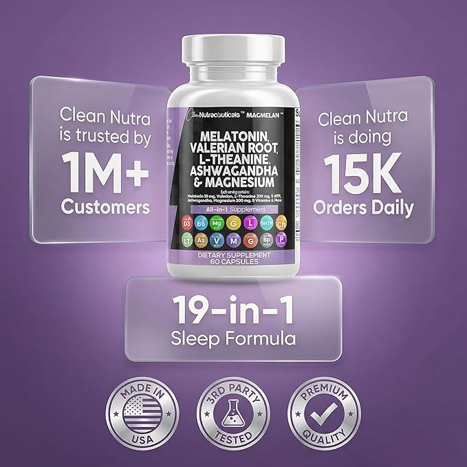 Clean Nutraceuticals Melatonin 10mg Valerian Root L Theanine 200mg Ashwagandha - Sleep Support for Women & Men with Magnesium Complex, Lemon Balm, Chamomile, & Passion Flower - 60 Caps