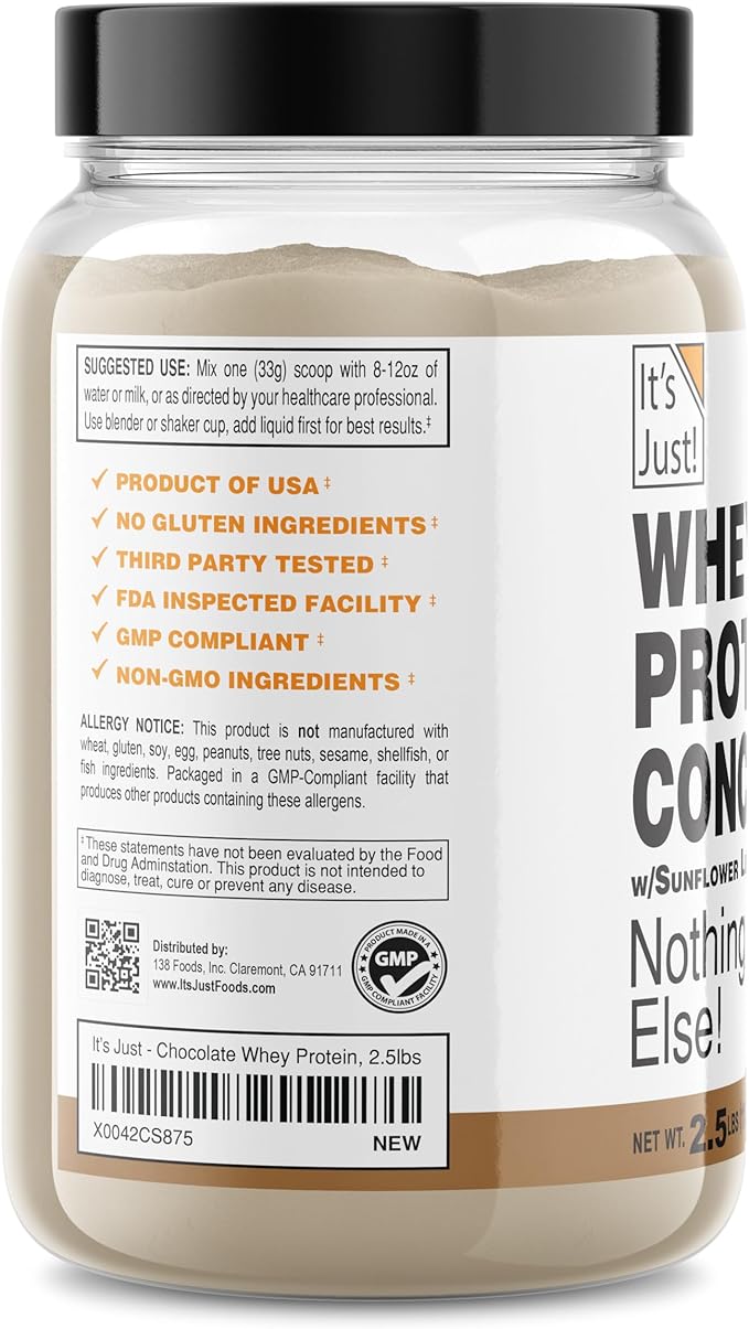 It's Just! - 100% Whey Protein Concentrate, Made in USA, Premium WPC-80, Natural Cocoa Powder (2.5 Pound, Chocolate)