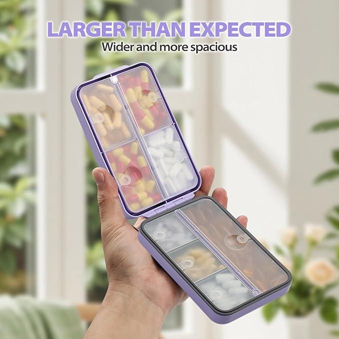 Travel Pill Organizer with Blank Labels, Weekly Pill Box, 8 Large Compartments Medicine Organizer, Moisture-Proof Pill Case for Vitamin, Medicine, Fish Oil/Supplements,