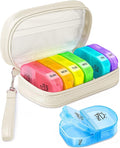 AMOOS Cute Pill Organizer 2 Times a Day, PU Leather Pill Case for Women, Portable Weekly Pill Box for Purse with Storage Bag to Hold Vitamins, Medications, Fish Oils, Supplements (Beige)