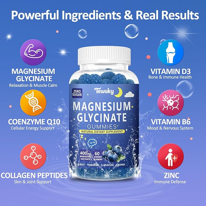 Magnesium Glycinate Gummies 400mg - Sugar Free Vegan Gummies for Adults & Kids with Vitamin D3, B6, C, CoQ10, Collagen, Zinc - Sleep, Muscle, Bone & Memory Support - 60 Blueberry Chewables / 2 Pack