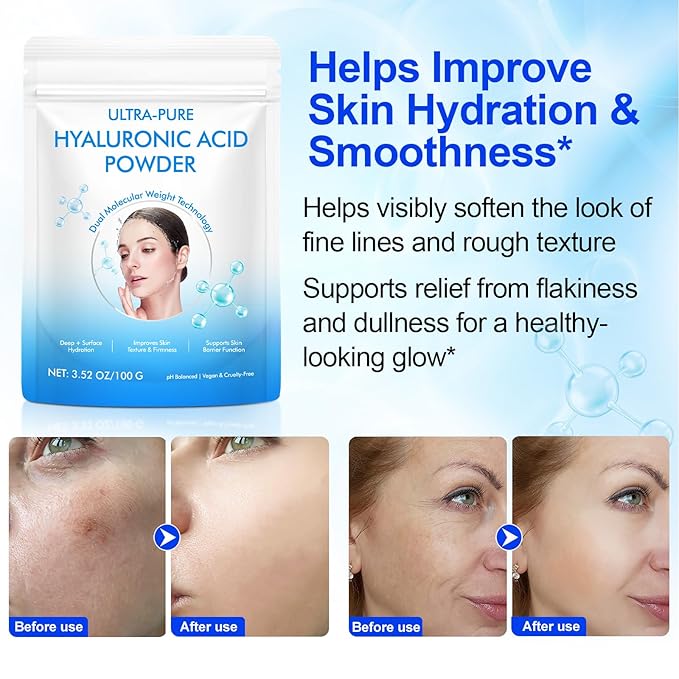 Hyaluronic Acid Powder for Skin, Hyaluronic Acid Serum Powder, 100 Grams | Low Molecular Weight, Cosmetics Grade, Natural Ingredient for Skincare, Skin Hydration and Moisture Support Supplements