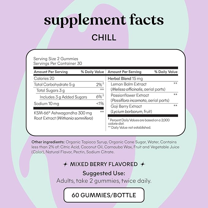 Lemme Chill Stress Relief Gummies with 300mg KSM-66 Ashwagandha, Lemon Balm, Passionflower & Goji to Support Relaxation, Healthy Cortisol & Sleep - Gluten-Free, Non-GMO, Mixed Berry (60 Count)