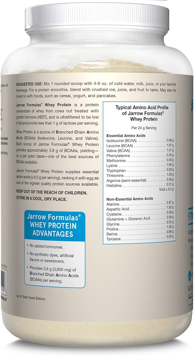 Jarrow Formulas Whey Protein with 18 g of Protein, 3.8 g of BCAAs, and Glutamine, Dietary Supplement for Muscle Function and Recovery Support, 32 oz Unflavored Powder, Approximately 38 Day Supply