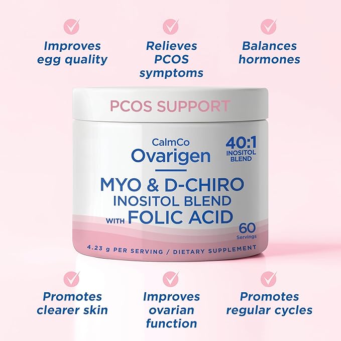 CalmCo Ovarigen Myo-Inositol & D-Chiro Inositol Supplement for Women – 40:1 Inositol Powder with Folic Acid, Fertility Supplements for PCOS, Hormone Balance and Ovarian Support (60 Servings)