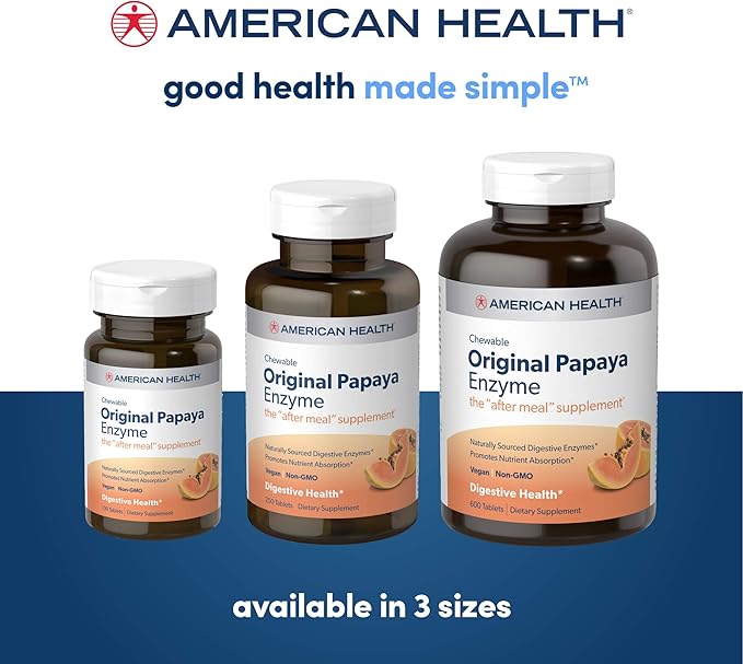American Health Original Papaya Enzyme Chewable Tablets - Promotes Nutrient Absorption and Helps Digestion - Gluten-Free, Vegetarian - 600 Count, 200 Total Servings