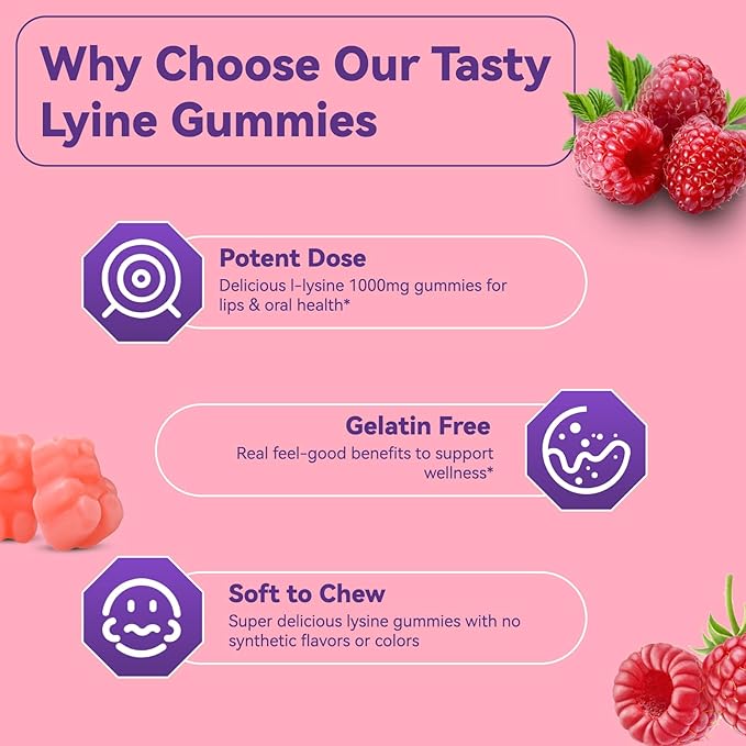 2 Pack L-Lysine 1000mg Gummies, Chewable Lysine Supplement for Adults, Essential Amino Acid for Lip Health, Immune Support, Collagen Formation* - Vegan, Gluten-Free, Sugar-Free, 120 Counts