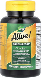 Nature’s Way Alive! Calcium Bone Support Tablets*, Max Absorption Calcium Supplement with Vitamins D3, K2, & Magnesium, Promotes Bone Health and Bone Density*, Gluten Free, 120 Tablets