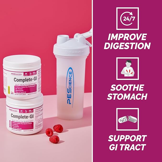 PEScience Complete-GI Gut Health Powder, Probiotics for Women and Men, Digestive Enzymes, Prebiotic Fiber, L-Glutamine, Pepzin GI Zinc Carnosine - Unflavored, 30 Servings
