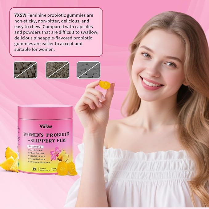 Women's Probiotics Slippery Elm Gummies, Her Juicy Feminine Probiotics Gummies Support pH Balance, Gut Health & Immune System, Sugar-Free, Pineapple Flavor, 60 Count