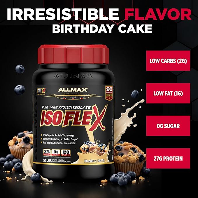 ALLMAX ISOFLEX Pure Whey Isolate Protein Powder - Gluten Free, Low Lactose, Sugar-Free - High-Protein, Clean, Keto-Friendly for Pre Post Workout Supplement for Women and Men | Blueberry Muffin, 2lb