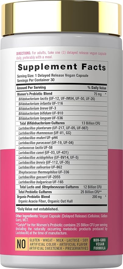 Carlyle Women's 25 Billion CFU Probiotic | Supported by 27 Strains | 30 Delayed Release Capsules | Vegan, Non-GMO and Gluten Free | for Her