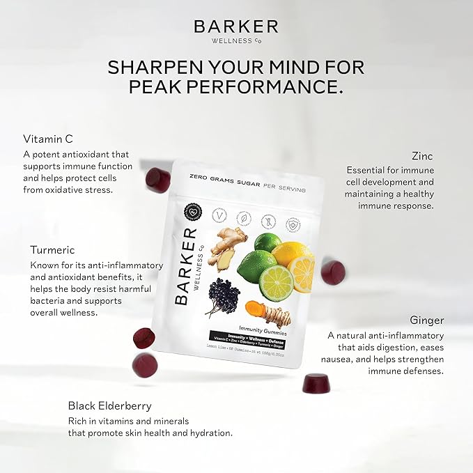Barker Wellness Immunity Gummies with Vitamin C, Zinc, Elderberry, Turmeric & Ginger for Daily Immune Support | Vegan, Sugar-Free, Lemon-Lime Flavor | Seasonal Wellness Essentials, 60 Count