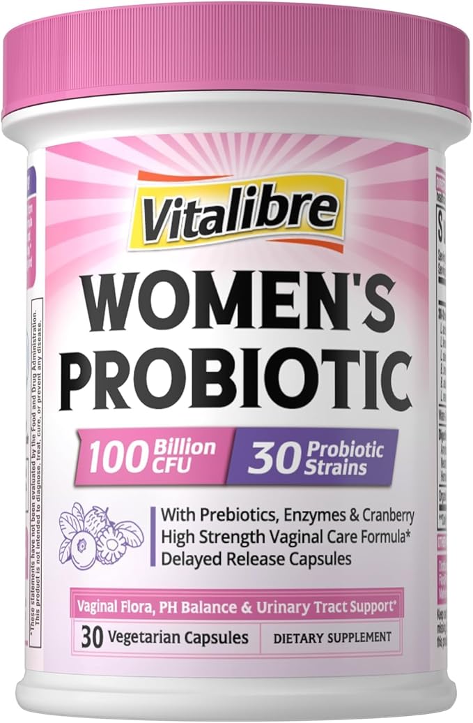 Probiotics for Women 30 Strains, 100 Billion CFU Vaginal Probiotics with Digestive Enzymes, Prebiotics & Cranberry for Urinary Tract Health, pH Balance, 30 Veggie Capsules
