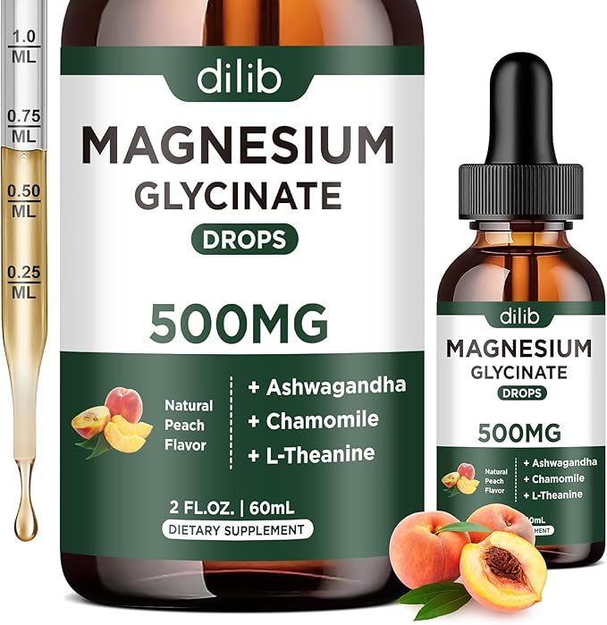 Magnesium Glycinate Liquid Drops Supplement, with Magnesium Glycinate 500mg Ashwagandha, L - Theanine, Chamomile -Support Stress Relief, Bone, Muscle, Mood Peach Flavor
