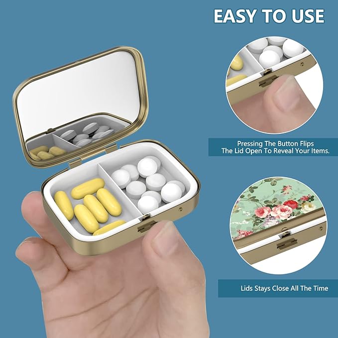 Pill Case Pill Box with Mirror Retro 2 Compartment Small Pill Case for Purse or Pocket Bronze Rectangular Pill Box or Vitamins, Fish Oil, Supplements, Pill Containe Travel Gifts（White Marble）