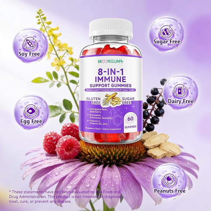 Immune Support Gummies – 8-in-1 Formula Herbal Supplements with Astragalus, Elderberry, Quercetin, Bromelain, Echinacea, Vitamin C, D3 and Zinc for Everyday Balance, Raspberry Flavor, 60 Count