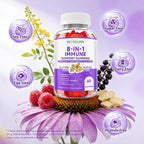 Immune Support Gummies – 8-in-1 Formula Herbal Supplements with Astragalus, Elderberry, Quercetin, Bromelain, Echinacea, Vitamin C, D3 and Zinc for Everyday Balance, Raspberry Flavor, 120 Count