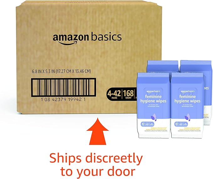 Amazon Basics Flushable Feminine Hygiene Wipes, pH Balanced, Gynecologist Tested, Septic and Sewer Safe, Fresh Scent, Alcohol Free, 168 Count (4 Packs of 42)