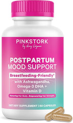 Pink Stork Postpartum Mood Support - Postnatal Hormone Balance for Women - Breastfeeding Friendly - Stress & Cognitive Support, New Mom Essentials - Ashwagandha, Chamomile, & Vitamin D, 60 Capsules