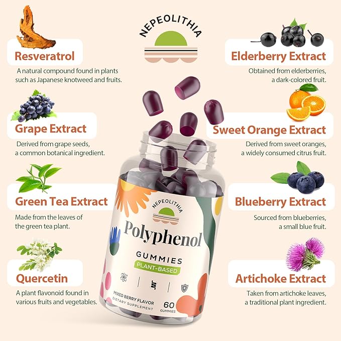 Polyphenol Gummies, Plant-Based Formula with Resveratrol, Elderberry, Grape, Turmeric,Green Tea, Cranberry Extract, Vitamins & Minerals, Superfood Blend, Mixed Berry Flavor, 60 Gummies