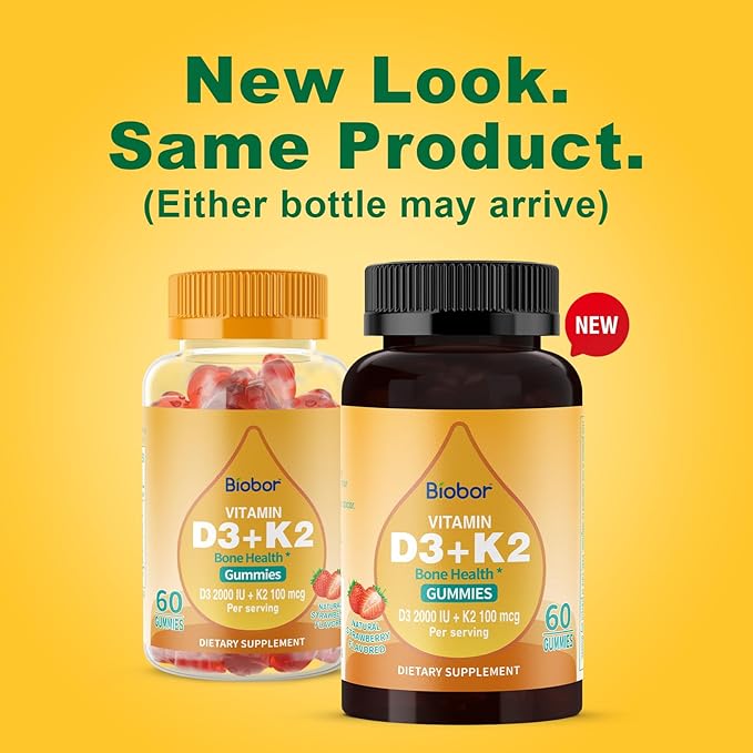 Natural Vitamin D3 K2 Gummies, 2000 IU Vitamin D3 & 100 mcg Vitamin K2(MK-7),Supports Healthy Bone, Immune Health Supplement, GMO Free, Gluten Free, Strawberry Flavor, 60 Count