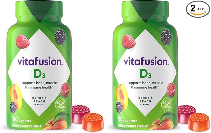 Vitafusion Vitamin D3 Gummies,Bone and Immune Support,Peach,BlackBerry,Strawberry Flavored,50 mcg D3 Gummy Vitamin Supplement,75 Day Supply,150 Count (Pack of 2)