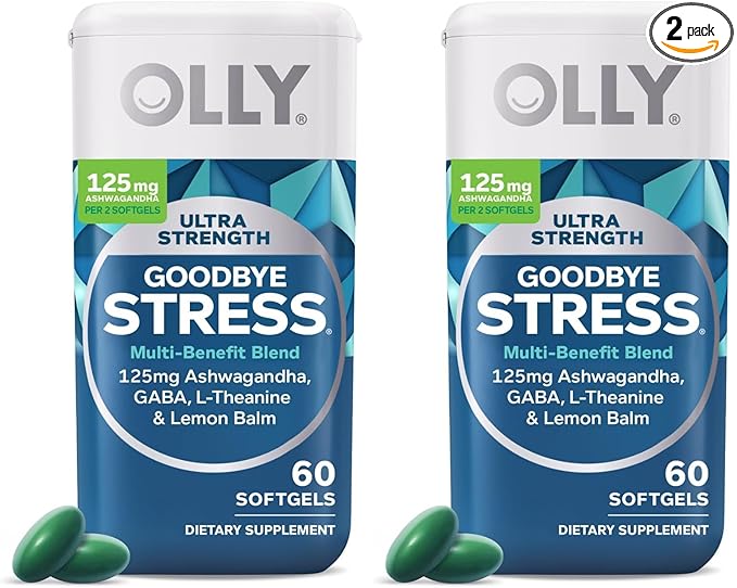 OLLY Ultra Strength Goodbye Stress Softgels,GABA,Ashwagandha,L-Theanine and Lemon Balm,Stress Relief Supplement -,60 Count (Pack of 2)